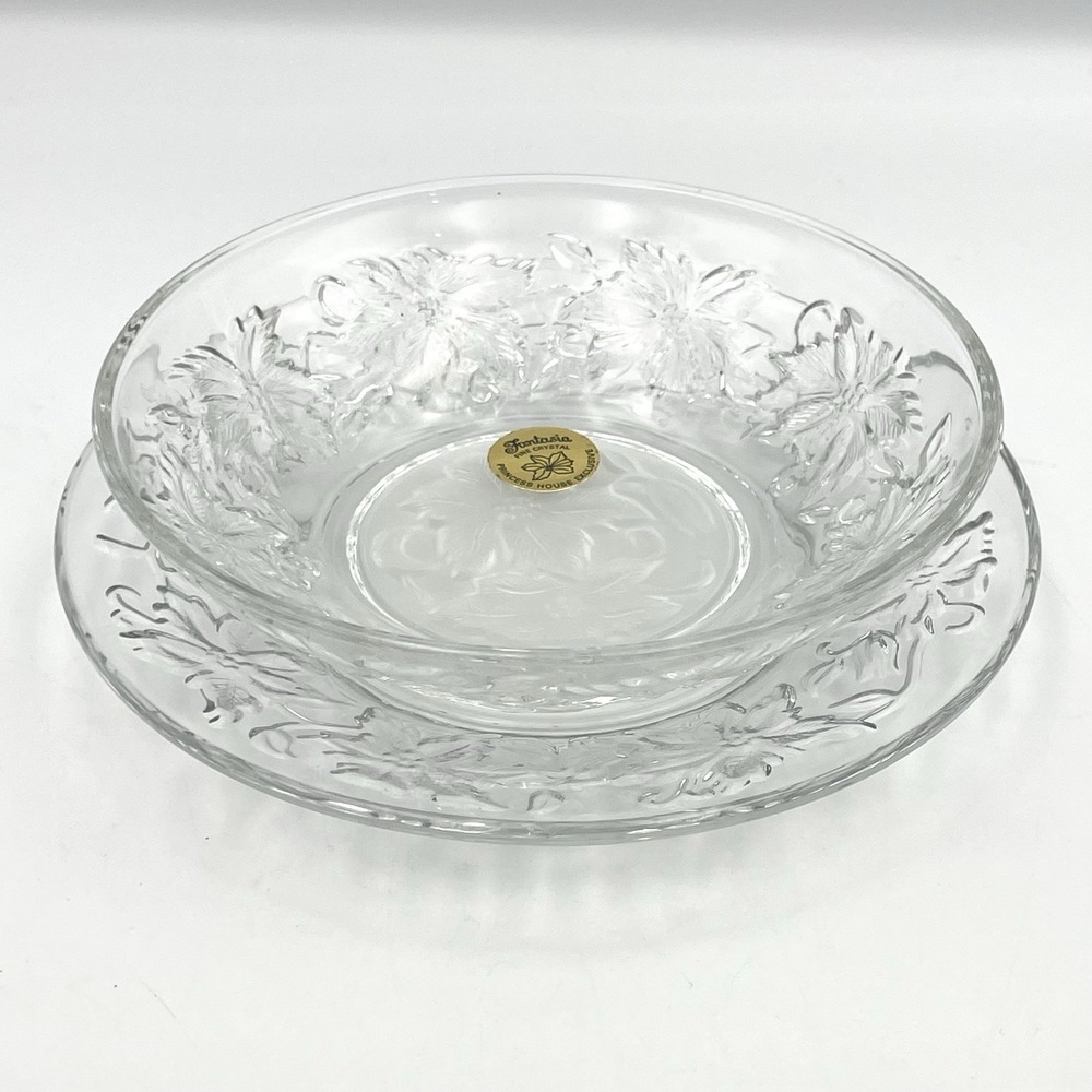Princess House Fantasia Crystal Leaf Bowl Plate Set 2 Pc Frosted Glass